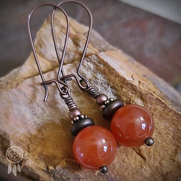 Carnelian Earrings Antiqued Copper Hooks - Picture 1 of 8